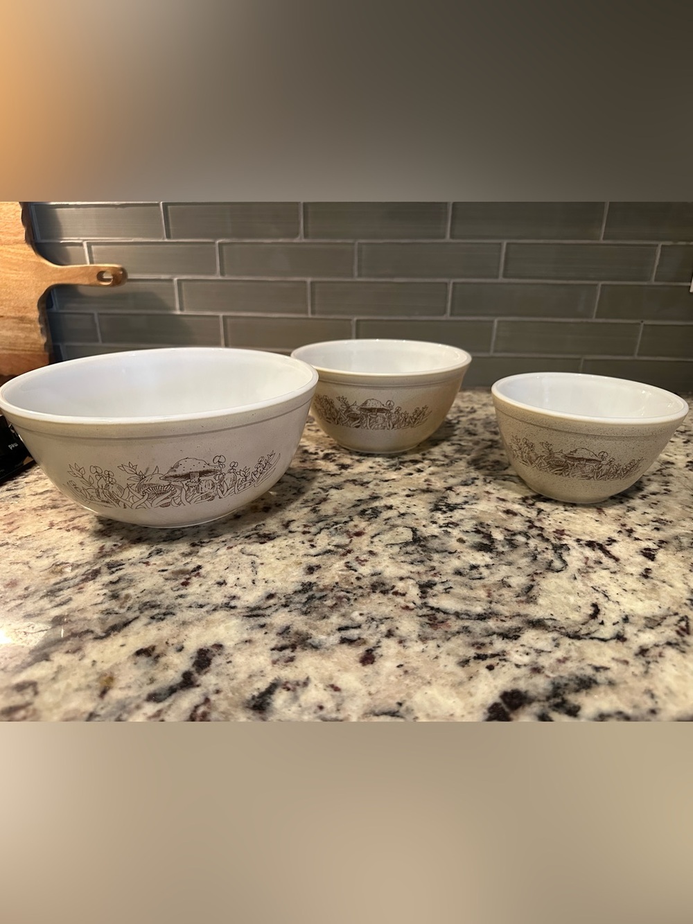 Vintage Pyrex Three-Piece Ceramic Nesting Bowl Set with Mushroom Motif